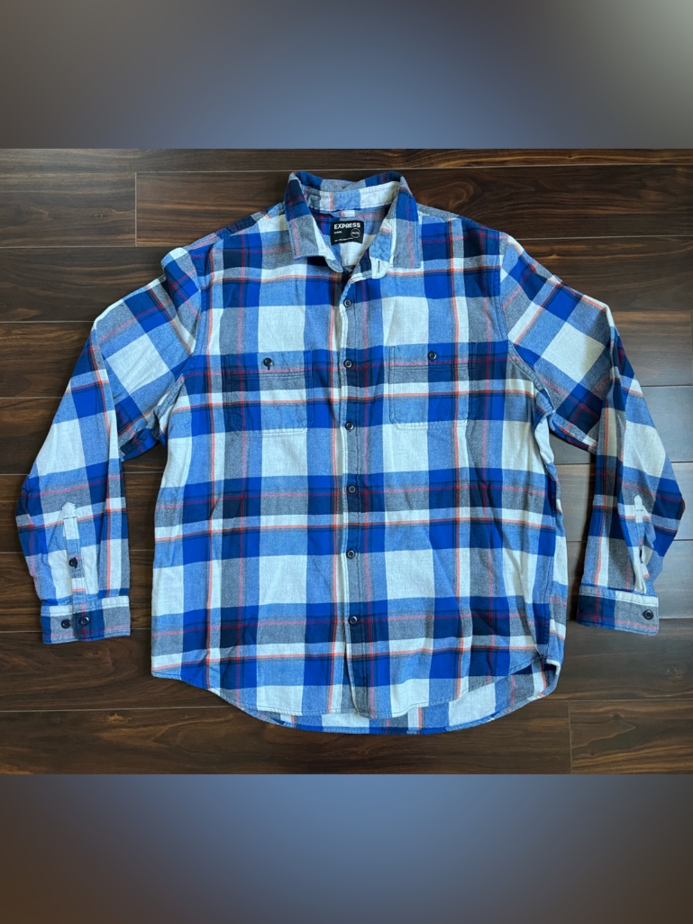 Express Men’s Blue & White Plaid Button-Down Shirt w/ Red & Orange Accents, XXL